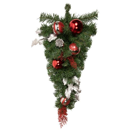 24" Unlit Red & Silver Holly Ball & Pine Cone Teardrop Swag